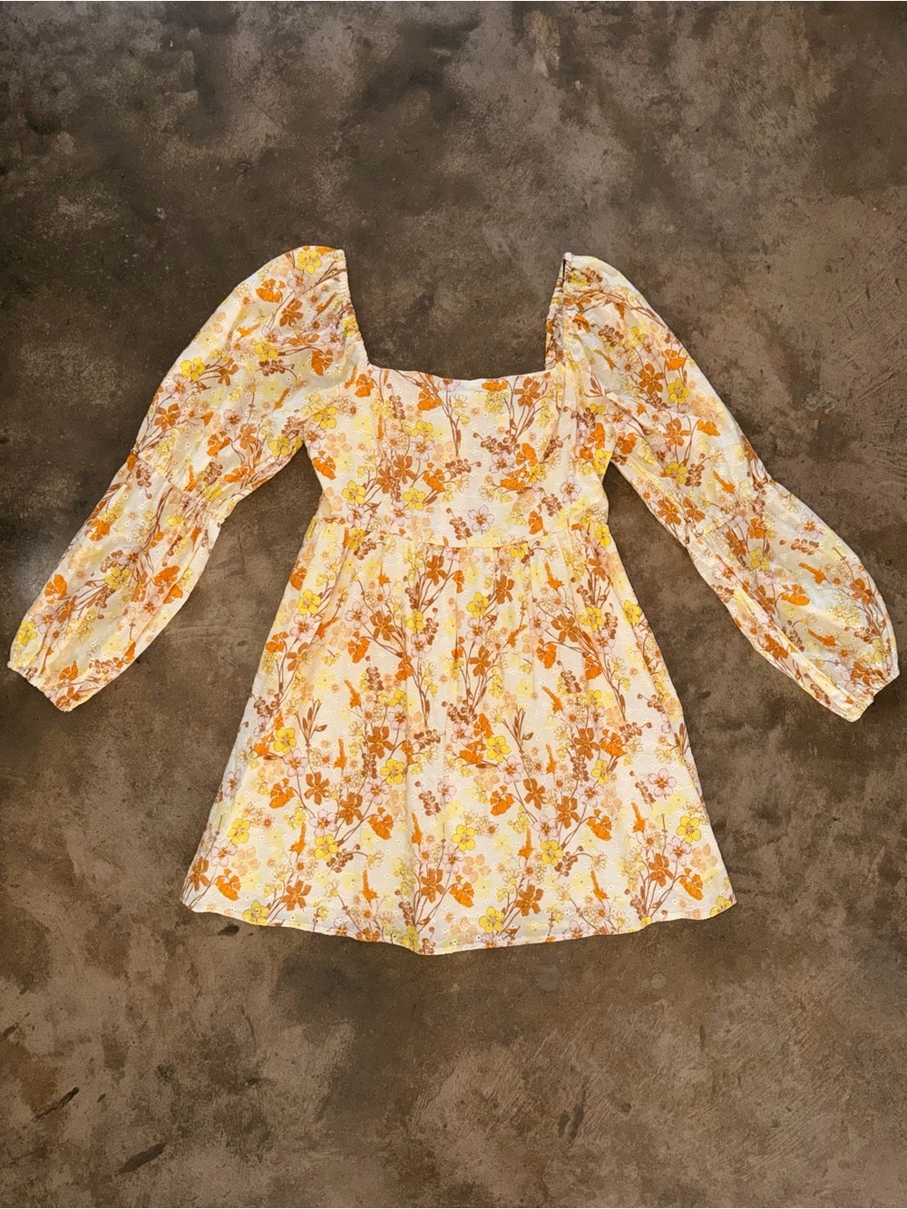 Forever 21 Floral Puff Sleeve Mini Dress Cream Yellow Orange Cottagecore Size M